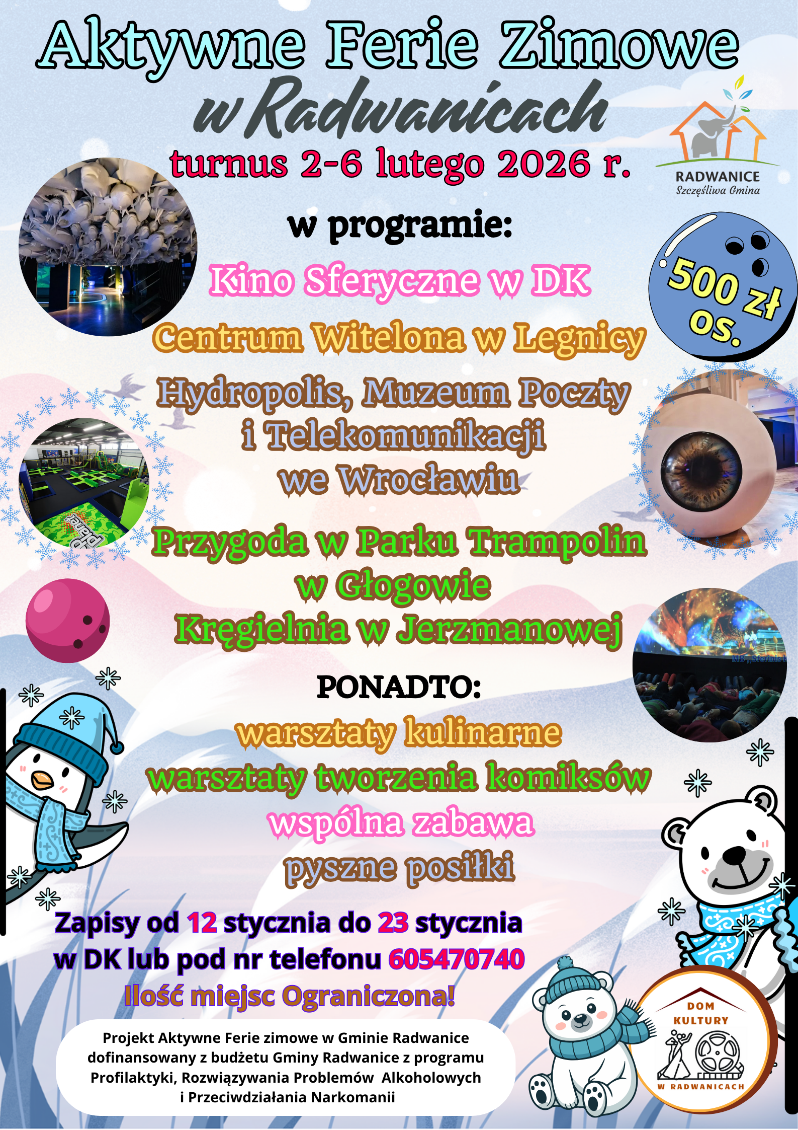 Ilustracja wprowadzenia: ❄️ FERIE ZIMOWE 2026 Z DOMEM KULTURY W RADWANICACH ❄️