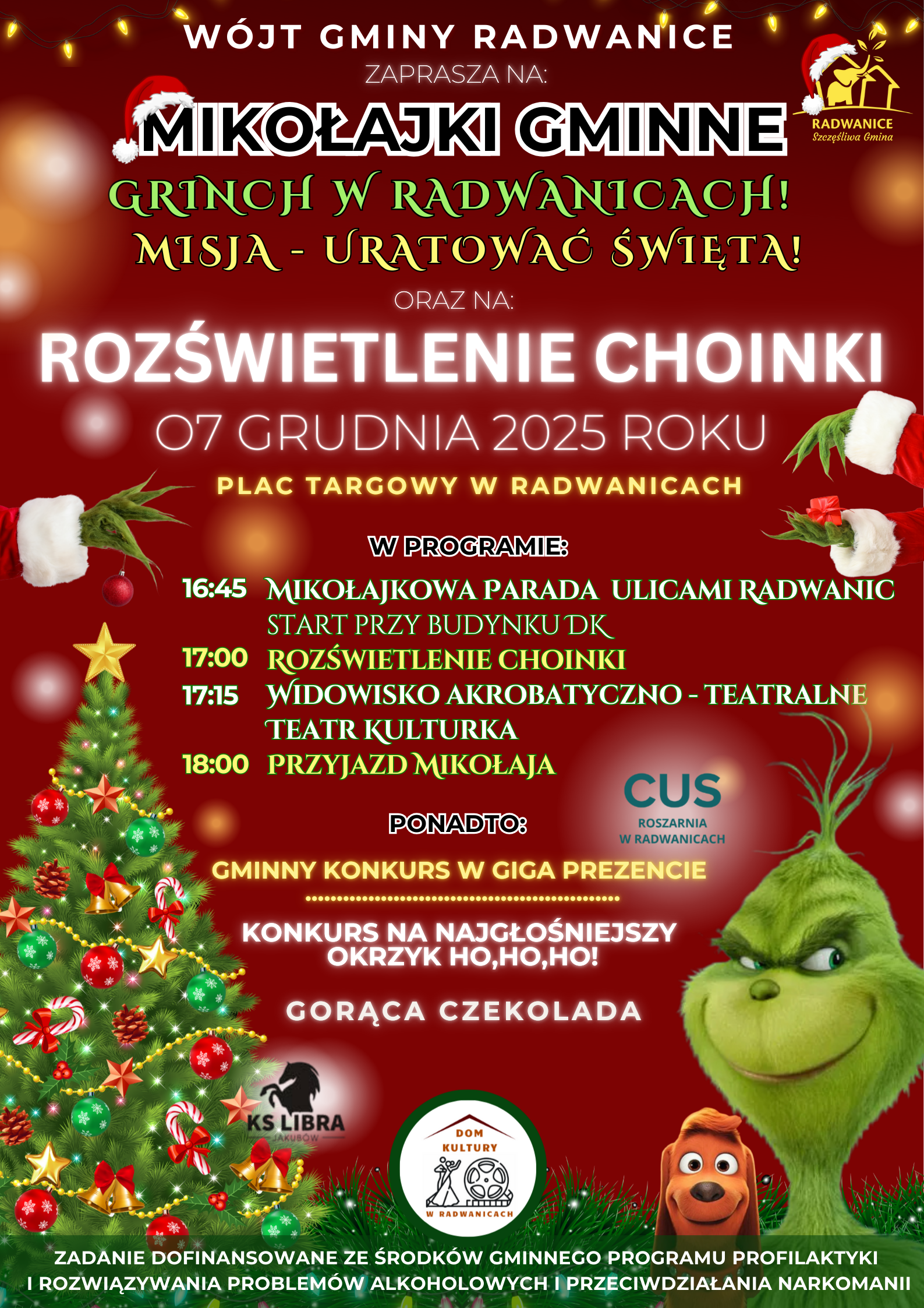 Ilustracja wprowadzenia: Grinch w Radwanicach! Misja: Uratować Święta! Mikołajki Gminne z Rozświetleniem Choinki. 